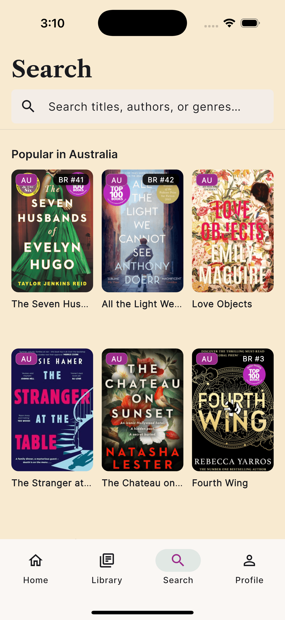 WAYR search screen with a Popular in Australia grid of AU-tagged books and Better Reading rankings.